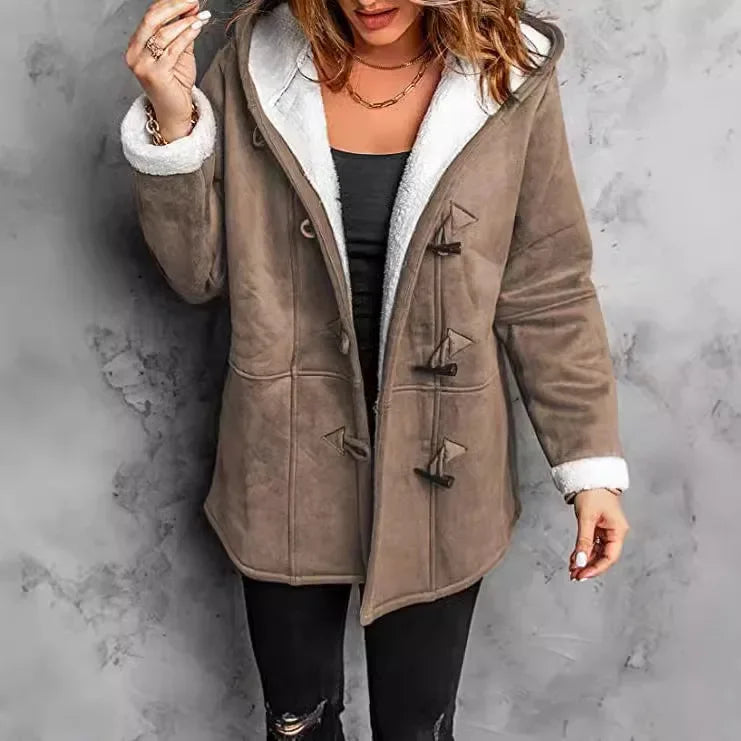 Women’s Faux Wool Hooded Coat with Fleece Lining – Warm Toggle Jacket