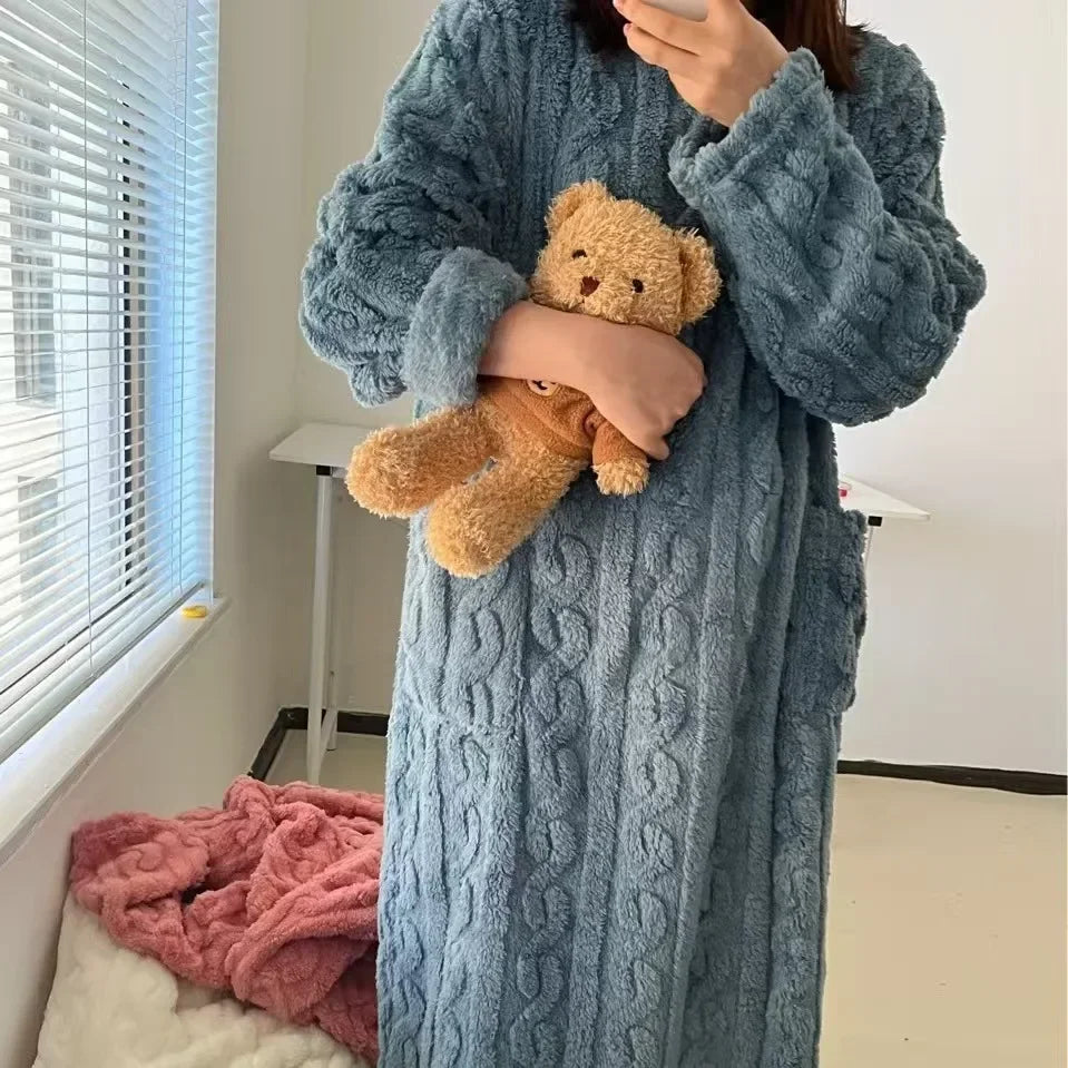 Women’s Fleece Nightgown – Long Sleeve Thick Warm Wearable Blanket Dress