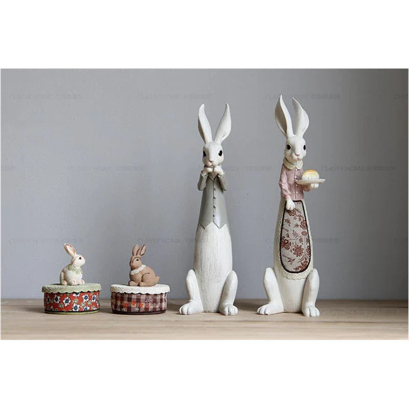Country Rabbit Couple Ornaments – Hand-Painted Resin Figures for Easter or Year-Round Rustic Home Décor