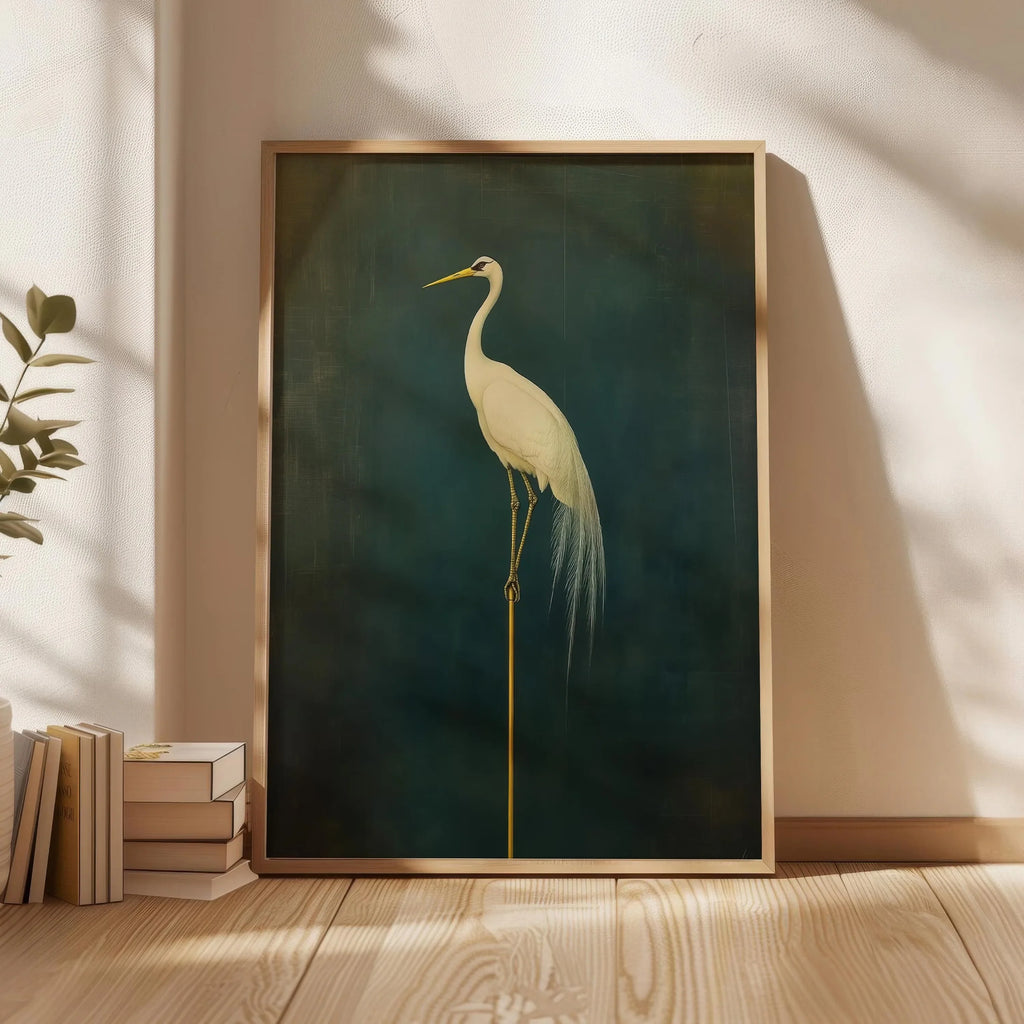 Japanese Crane Canvas Print – Elegant Green & White Bird Wall Art (Unframed)
