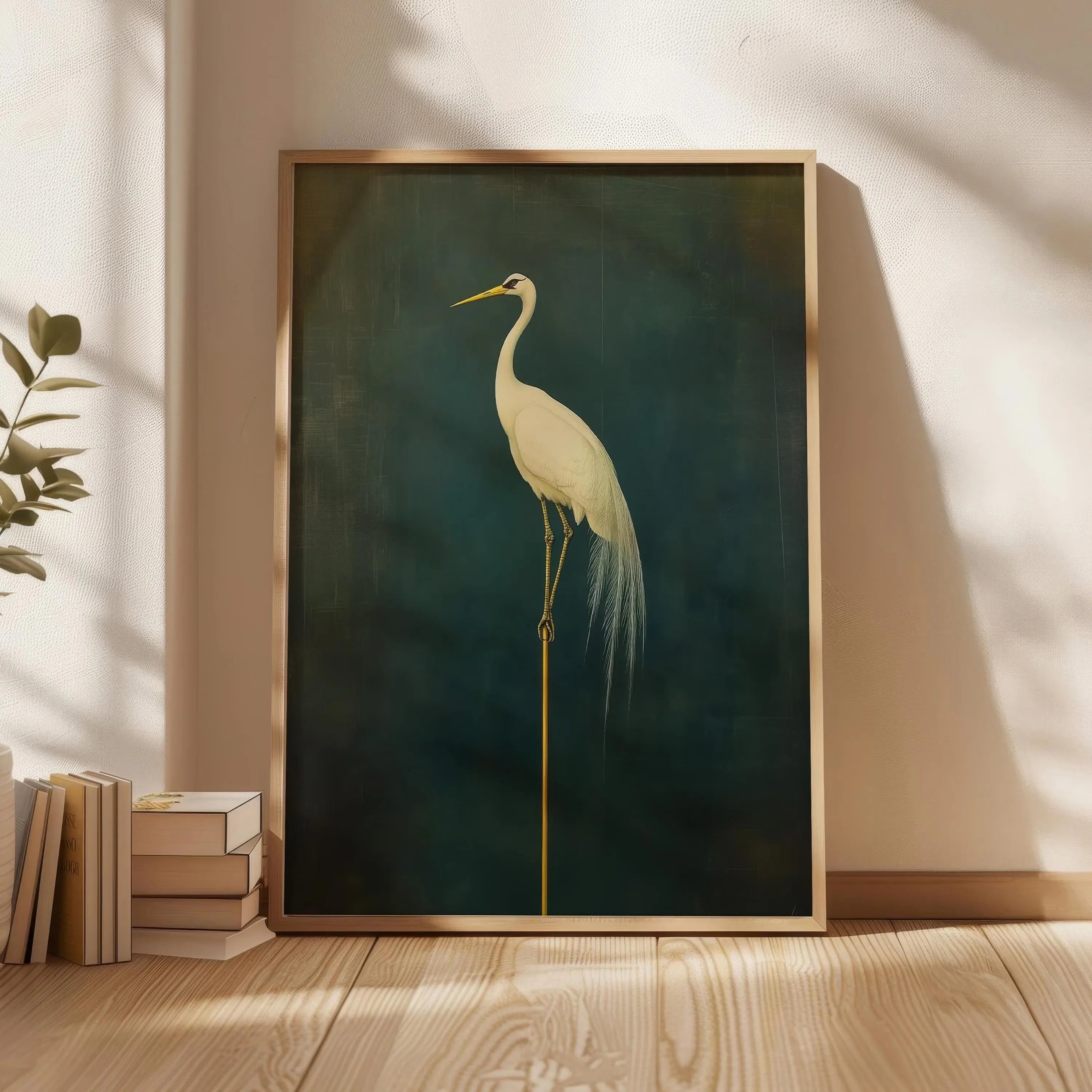 Japanese Crane Canvas Print – Elegant Green & White Bird Wall Art (Unframed)