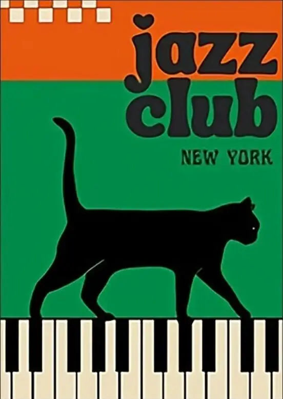 Vintage Jazz Music Poster Print – Retro Album Cover Art, Black Cat Piano, Vinyl Record & Festival Design Wall Art for Living Room Decor