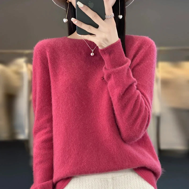 100% Merino Wool Women’s Sweater – Soft Cashmere-Feel O-Neck Pullover, Autumn/Winter Warm Knit Top (14 Colours)