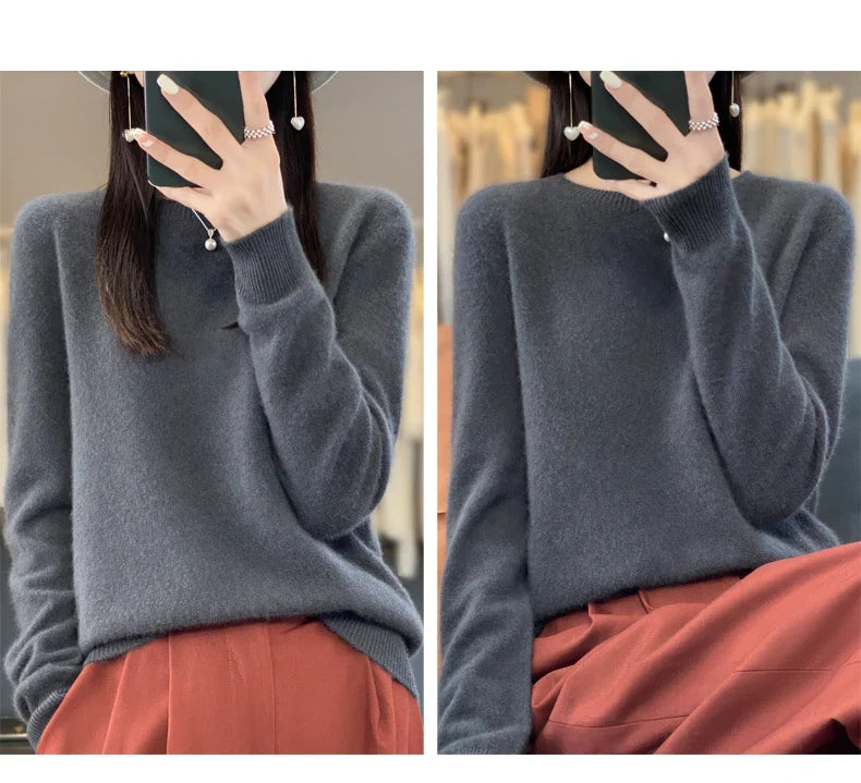 100% Merino Wool Women’s Sweater – Soft Cashmere-Feel O-Neck Pullover, Autumn/Winter Warm Knit Top (14 Colours)