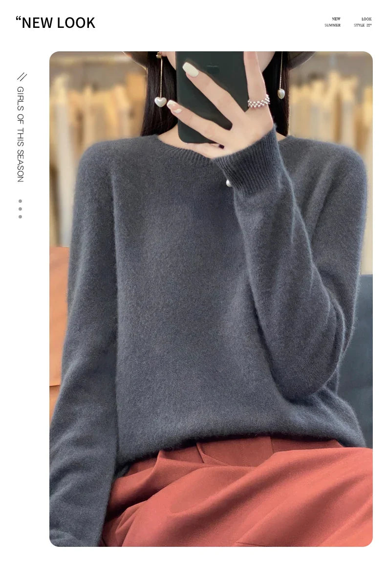 100% Merino Wool Women’s Sweater – Soft Cashmere-Feel O-Neck Pullover, Autumn/Winter Warm Knit Top (14 Colours)
