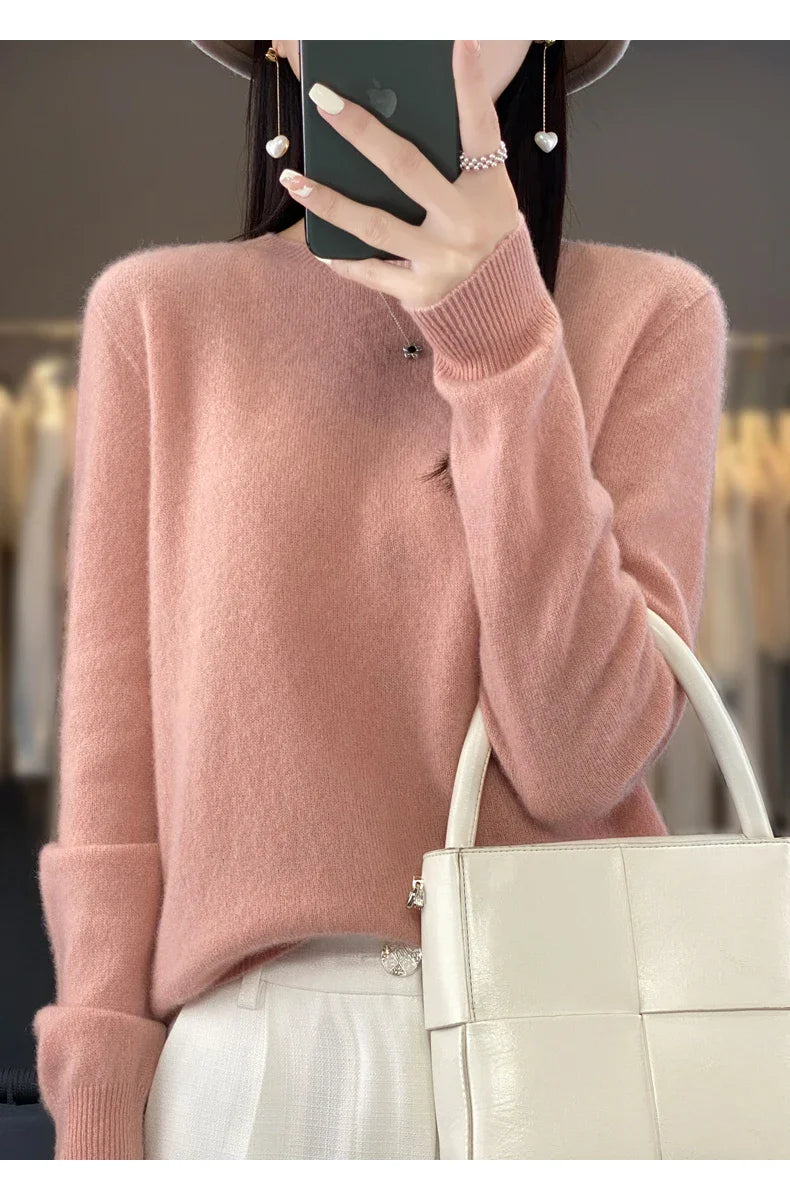 100% Merino Wool Women’s Sweater – Soft Cashmere-Feel O-Neck Pullover, Autumn/Winter Warm Knit Top (14 Colours)
