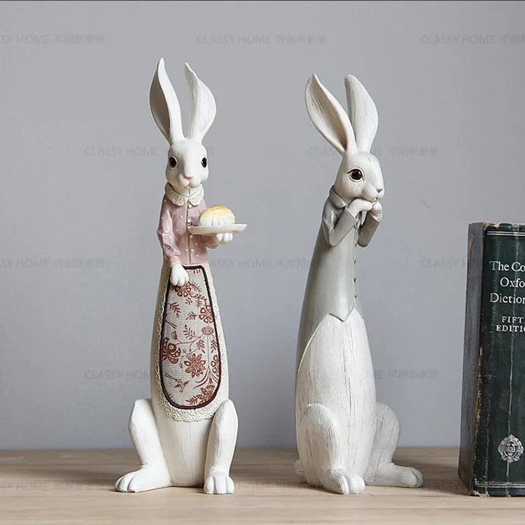 Country Rabbit Couple Ornaments – Hand-Painted Resin Figures for Easter or Year-Round Rustic Home Décor
