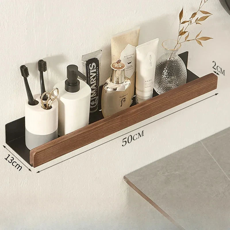 Modern Wooden Bathroom Wall Storage Rack – Shelves, Towel Bar & Hooks Set