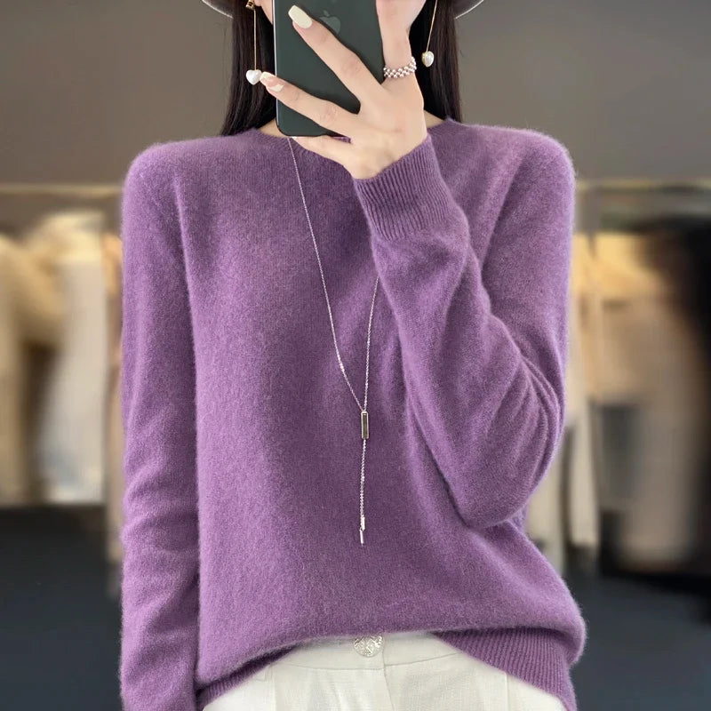 100% Merino Wool Women’s Sweater – Soft Cashmere-Feel O-Neck Pullover, Autumn/Winter Warm Knit Top (14 Colours)