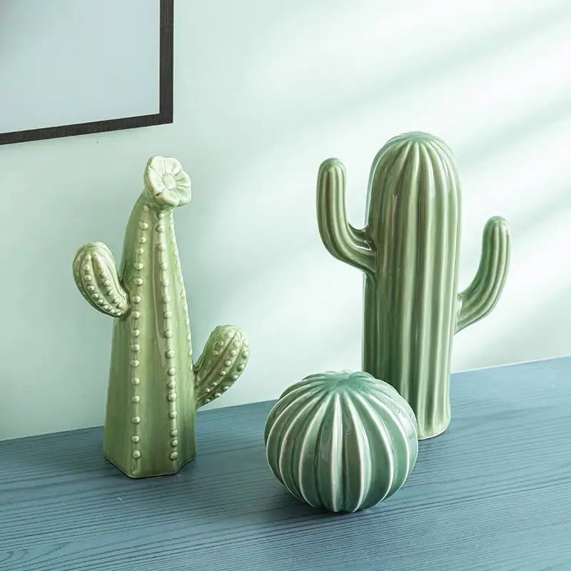 Ceramic Cactus Ornament – Nordic Green Decorative Home Art Sculpture