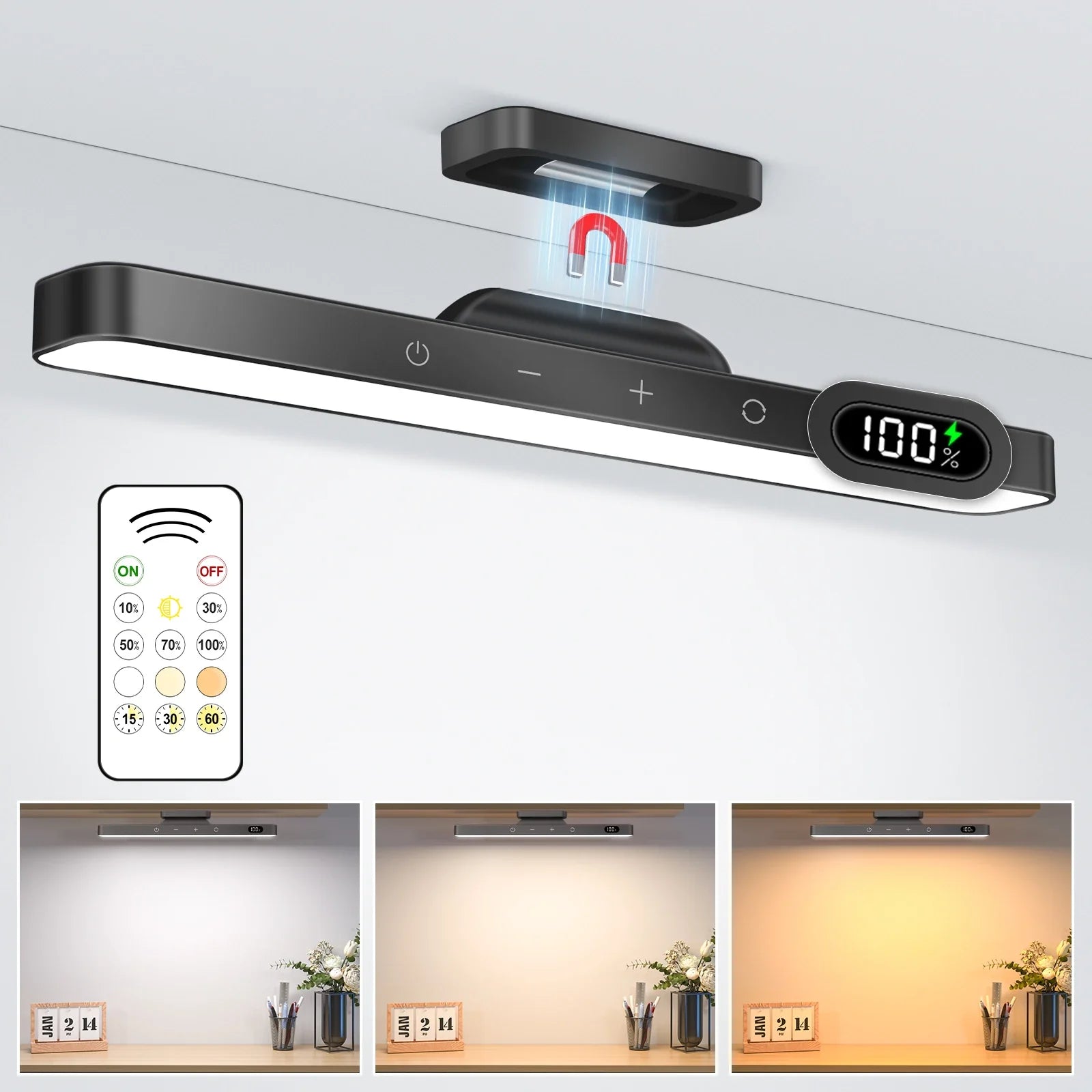 Rechargeable LED Mirror & Cabinet Light Bar – 3 Color, Dimmable, Magnetic, Remote Control
