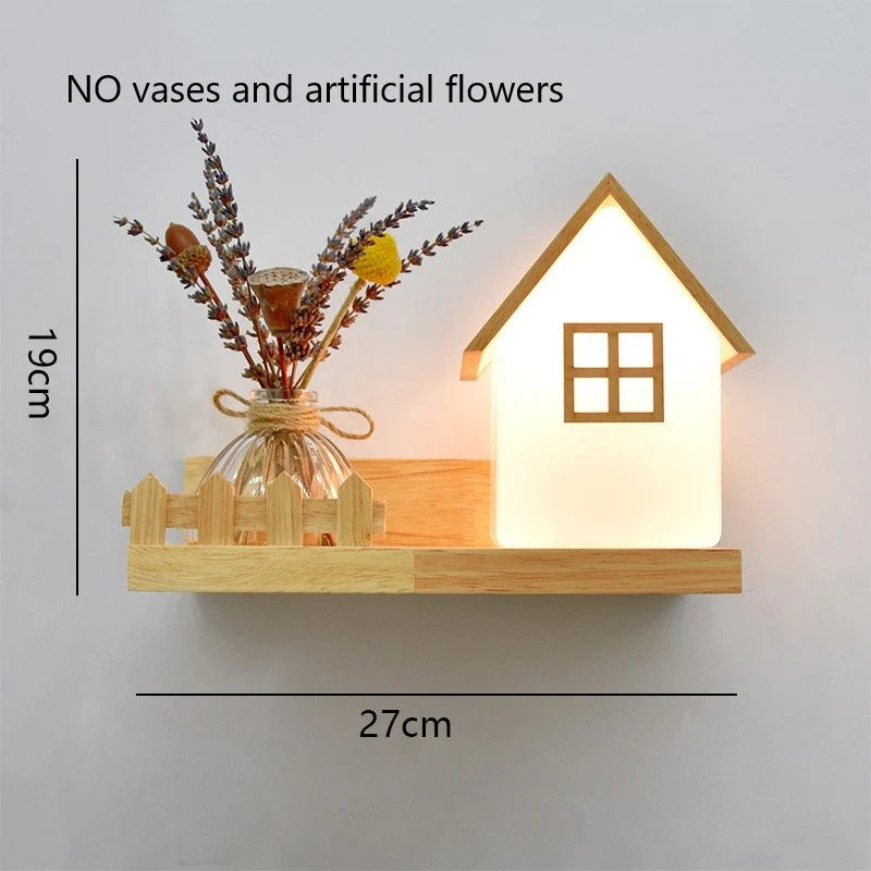 Modern Wooden LED Wall Lamp – Creative Plant & Decor Shelf Light (17 Styles)
