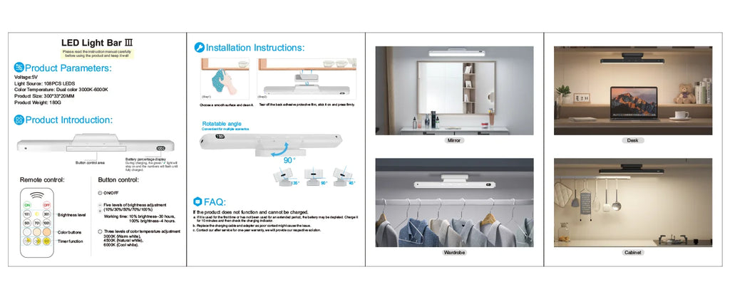Rechargeable LED Mirror & Cabinet Light Bar – 3 Color, Dimmable, Magnetic, Remote Control