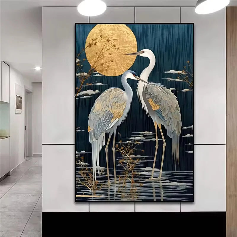 Modern Japanese Crane Canvas Posters – Elegant White Bird Wall Art Print