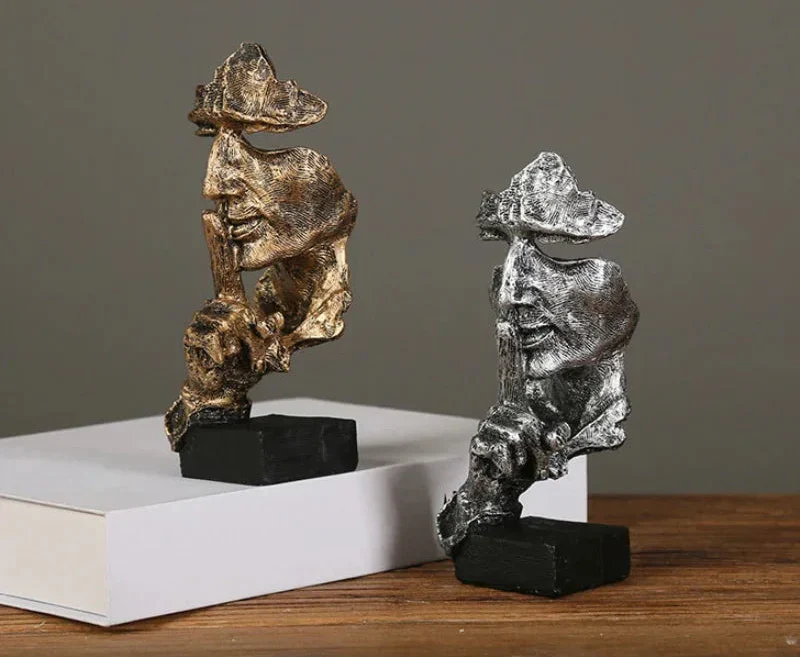 Abstract Resin Face Sculpture – “Silence is Golden” Nordic Art Statue for Home or Office Decor