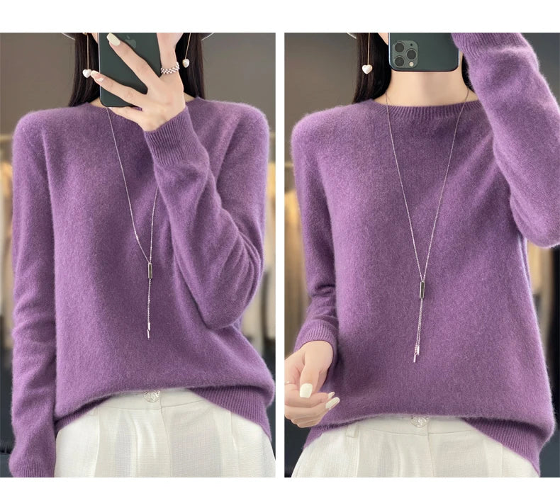 100% Merino Wool Women’s Sweater – Soft Cashmere-Feel O-Neck Pullover, Autumn/Winter Warm Knit Top (14 Colours)