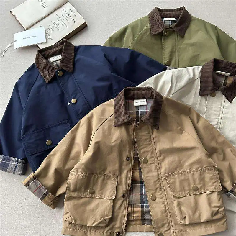 Boys Plaid Lined Jacket, Spring Autumn Cotton Coat