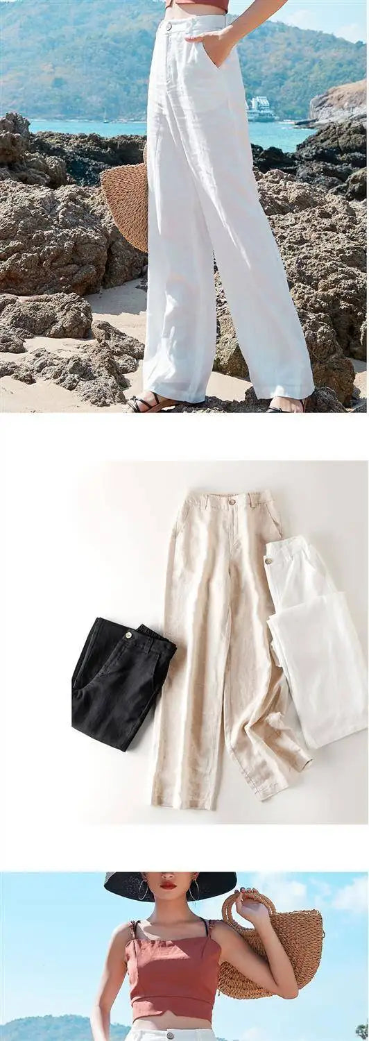 Women’s Cotton Linen Wide Leg Pants – High Waist Loose Fit Summer Trousers, Full Length Casual