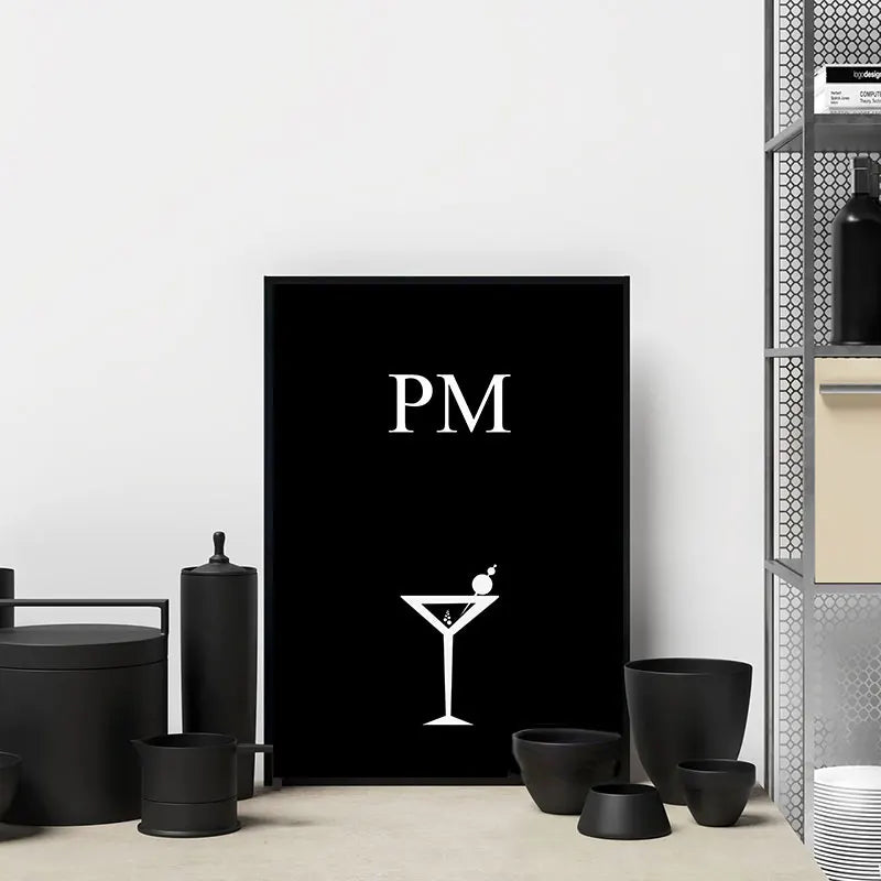 AM PM Poster Set – Modern Black and White Coffee & Cocktail Wall Art for Kitchen or Home Bar