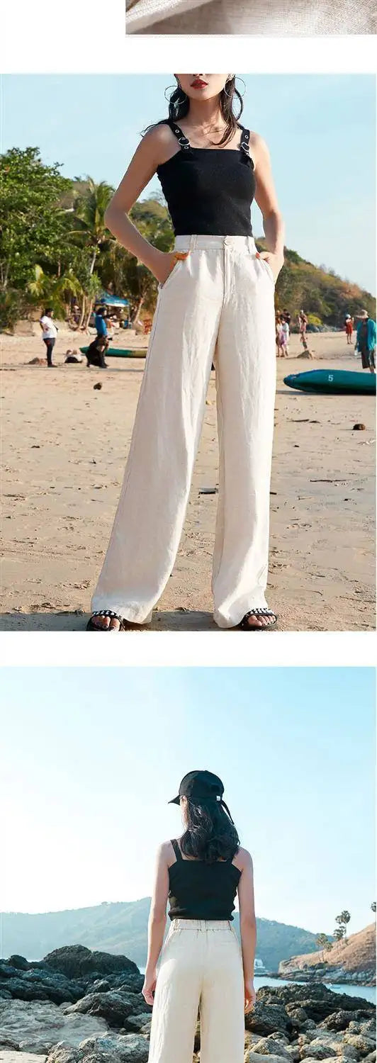 Women’s Cotton Linen Wide Leg Pants – High Waist Loose Fit Summer Trousers, Full Length Casual