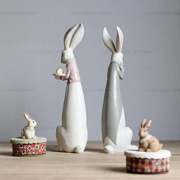 Country Rabbit Couple Ornaments – Hand-Painted Resin Figures for Easter or Year-Round Rustic Home Décor