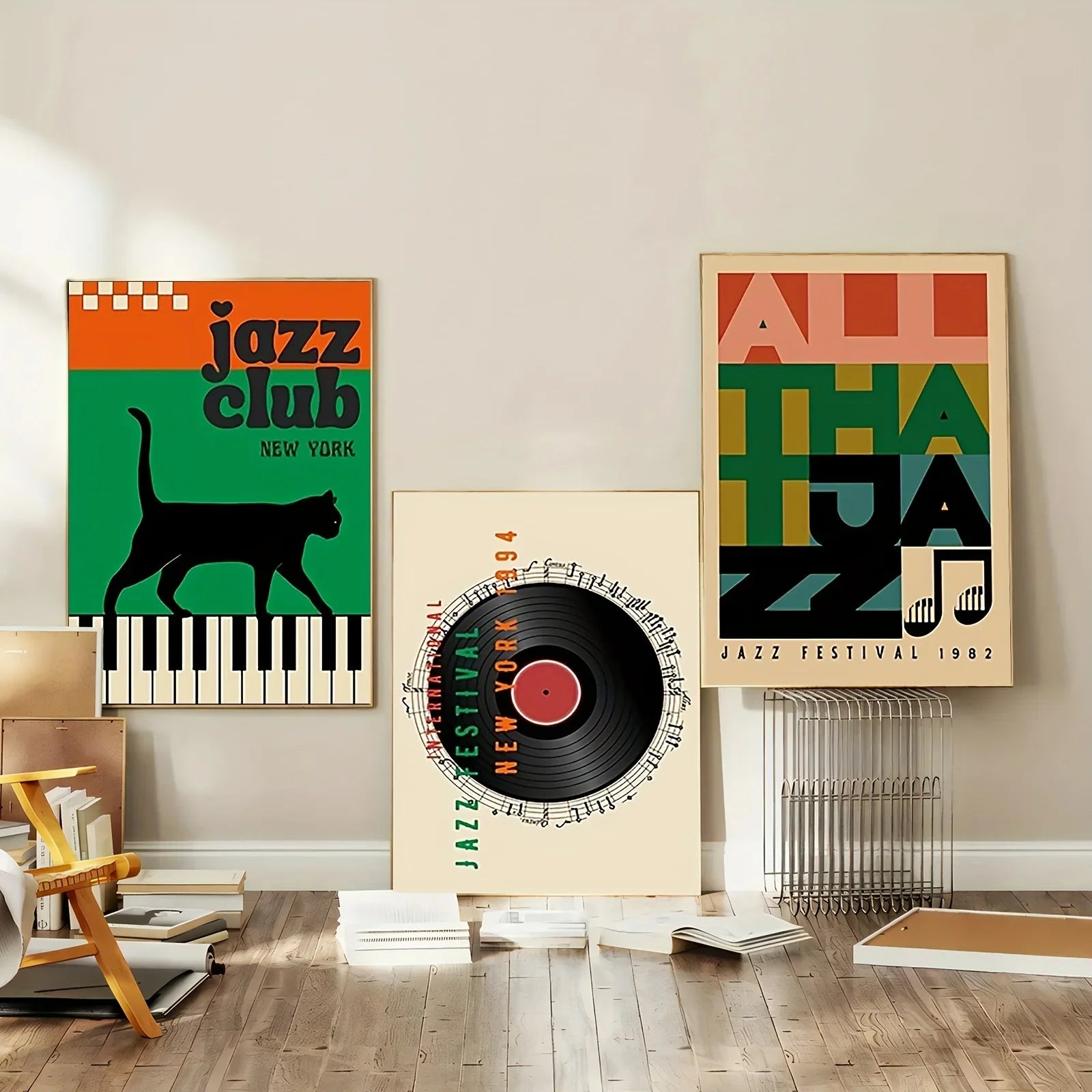 Vintage Jazz Music Poster Print – Retro Album Cover Art, Black Cat Piano, Vinyl Record & Festival Design Wall Art for Living Room Decor