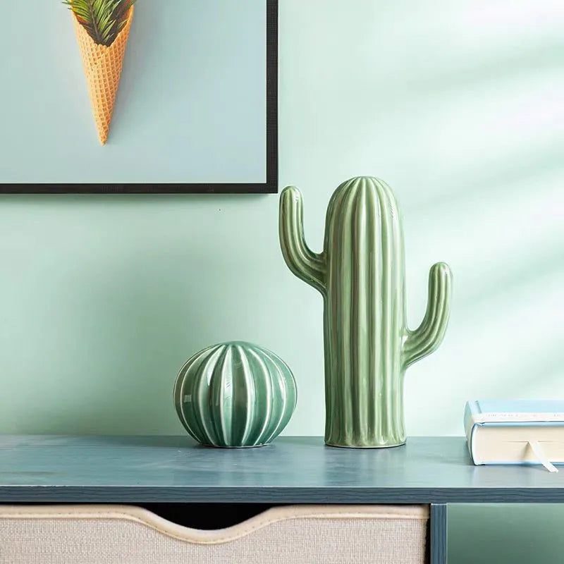 Ceramic Cactus Ornament – Nordic Green Decorative Home Art Sculpture