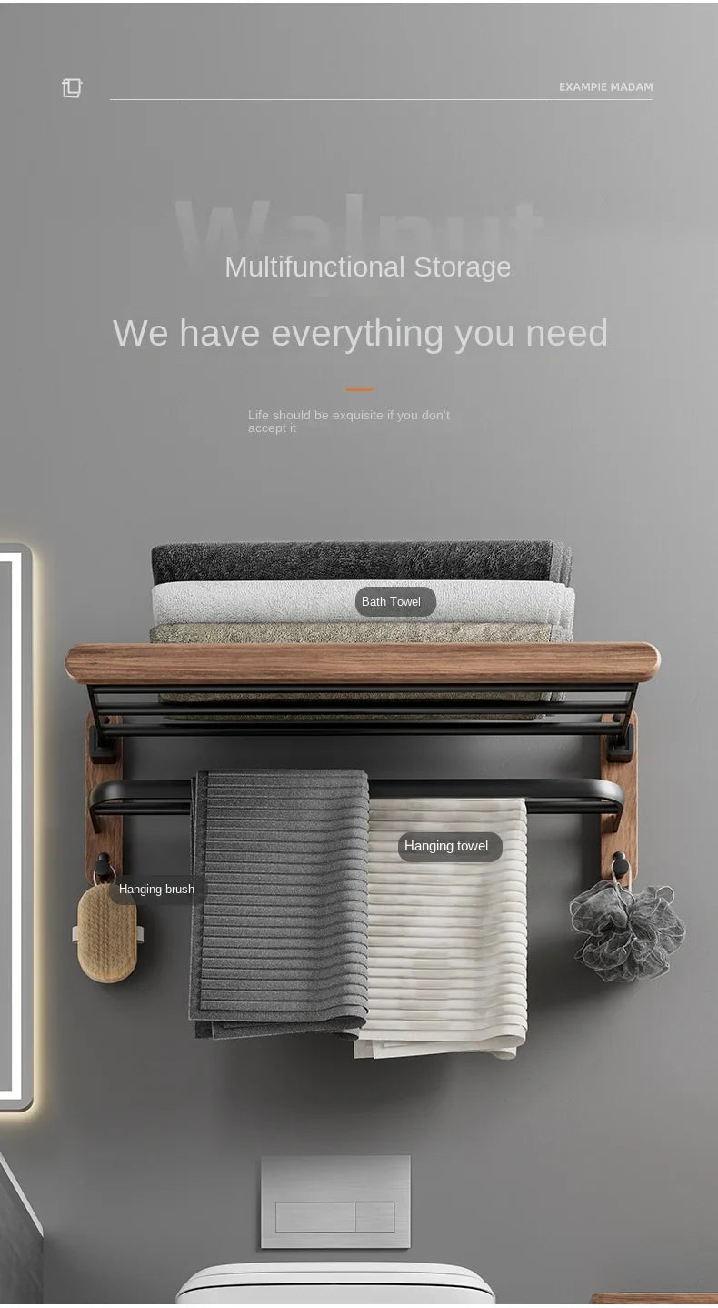 Modern Wooden Bathroom Wall Storage Rack – Shelves, Towel Bar & Hooks Set