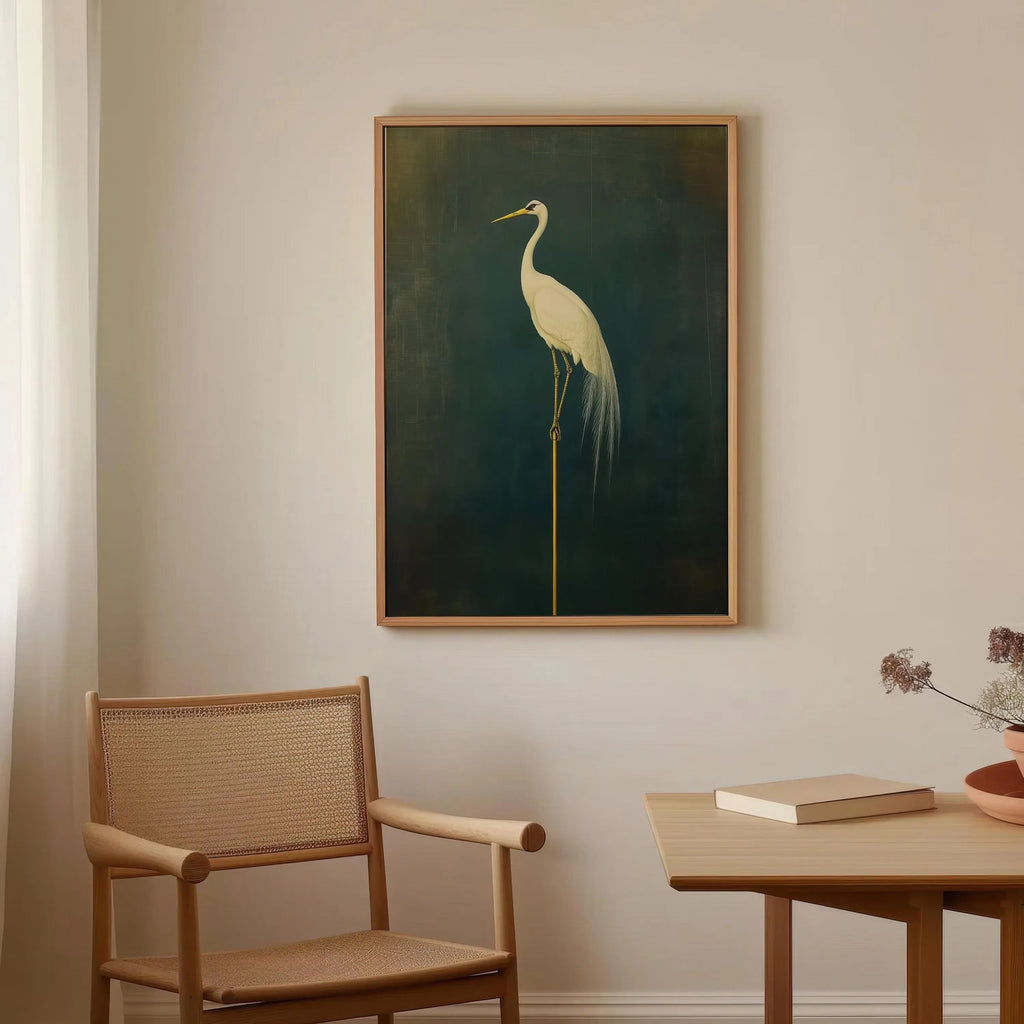 Japanese Crane Canvas Print – Elegant Green & White Bird Wall Art (Unframed)