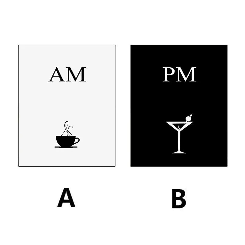 AM PM Poster Set – Modern Black and White Coffee & Cocktail Wall Art for Kitchen or Home Bar