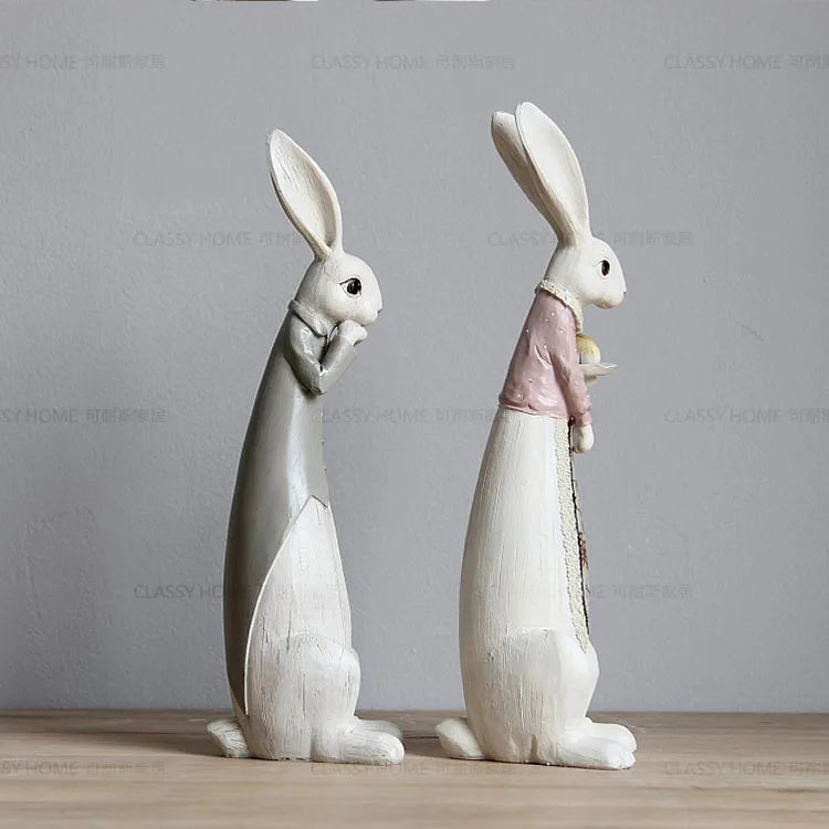 Country Rabbit Couple Ornaments – Hand-Painted Resin Figures for Easter or Year-Round Rustic Home Décor