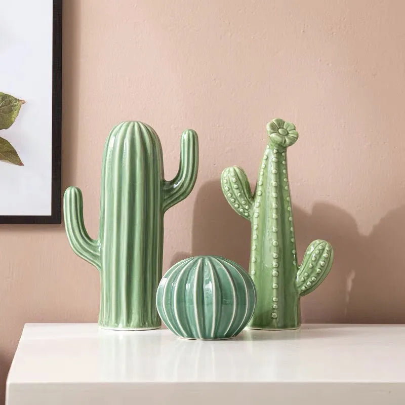 Ceramic Cactus Ornament – Nordic Green Decorative Home Art Sculpture