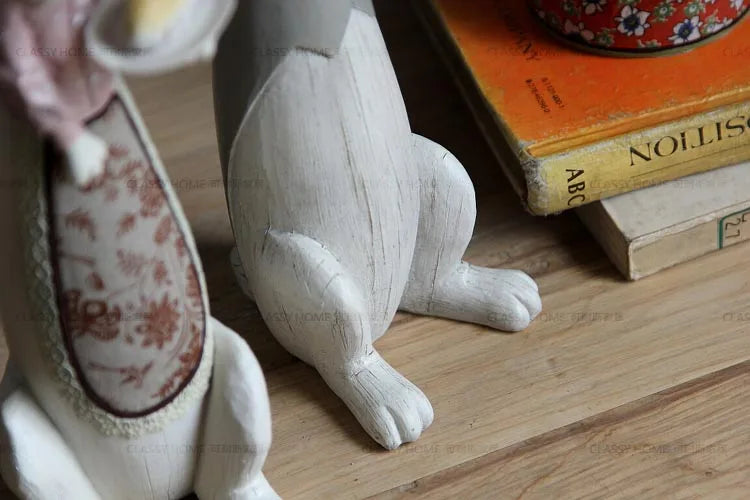 Country Rabbit Couple Ornaments – Hand-Painted Resin Figures for Easter or Year-Round Rustic Home Décor