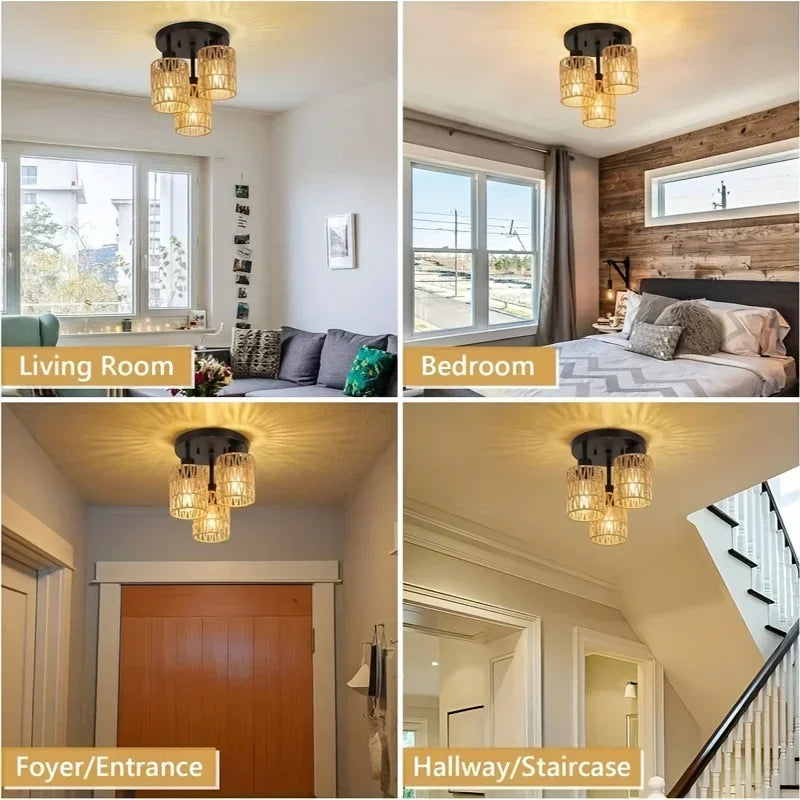 Boho Woven Rattan Ceiling Light – Hemp Shade Rustic Flush Mount Lamp