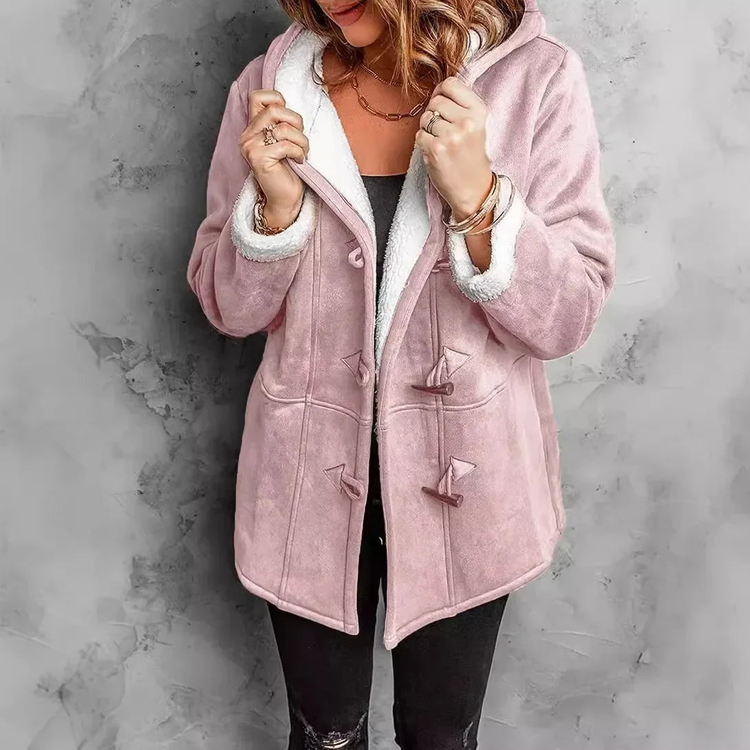 Women’s Faux Wool Hooded Coat with Fleece Lining – Warm Toggle Jacket