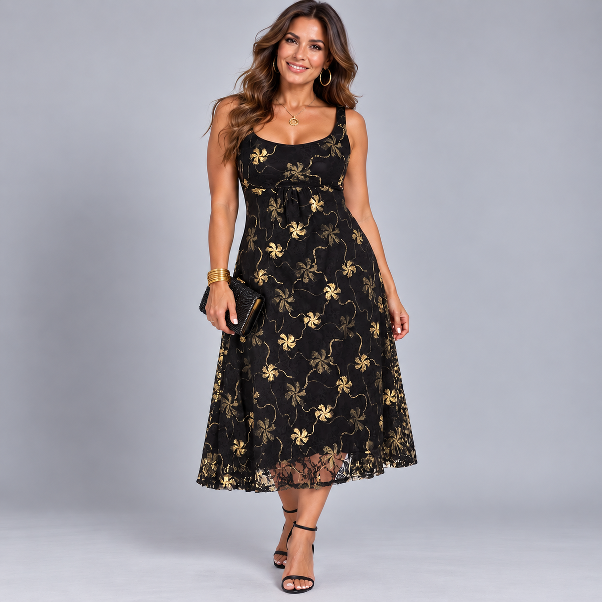 ROCKTHOSECURVES SMOCK DRESS WITH METALLIC LACE EMBROIDERY