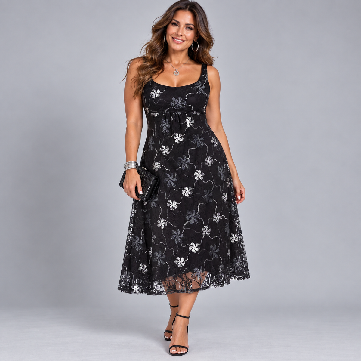 ROCKTHOSECURVES SMOCK DRESS WITH METALLIC LACE EMBROIDERY