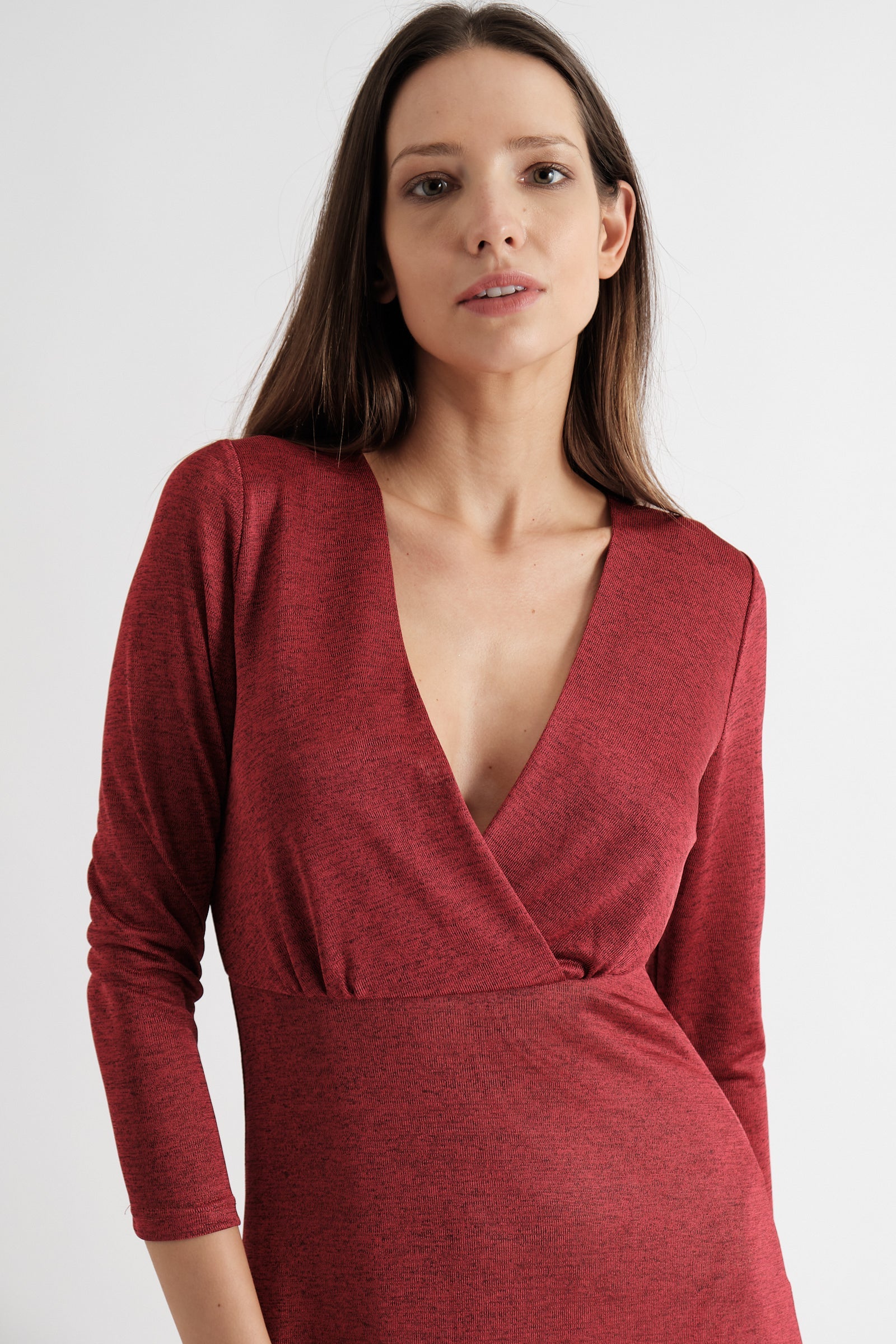 Sona Marl Faux Wrap Midi Dress in Red