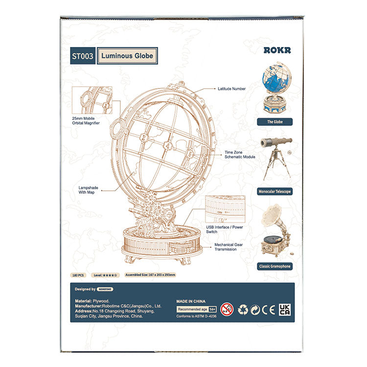 Robotime-ROKR Luminous Globe 3D Wooden Puzzle & LED Night Light