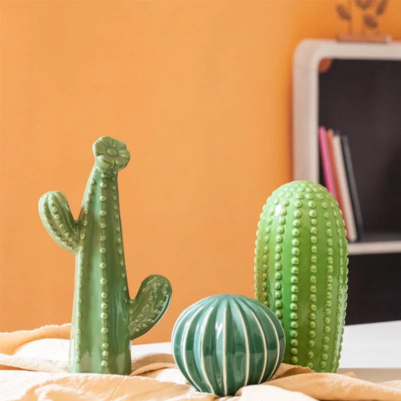 Ceramic Cactus Ornament – Nordic Green Decorative Home Art Sculpture