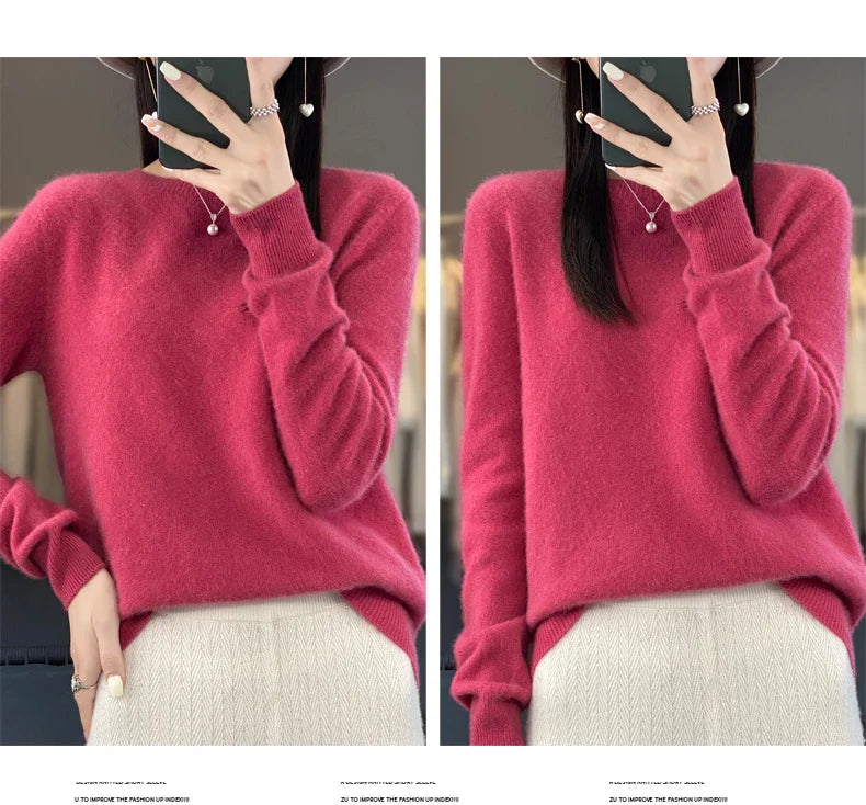 100% Merino Wool Women’s Sweater – Soft Cashmere-Feel O-Neck Pullover, Autumn/Winter Warm Knit Top (14 Colours)