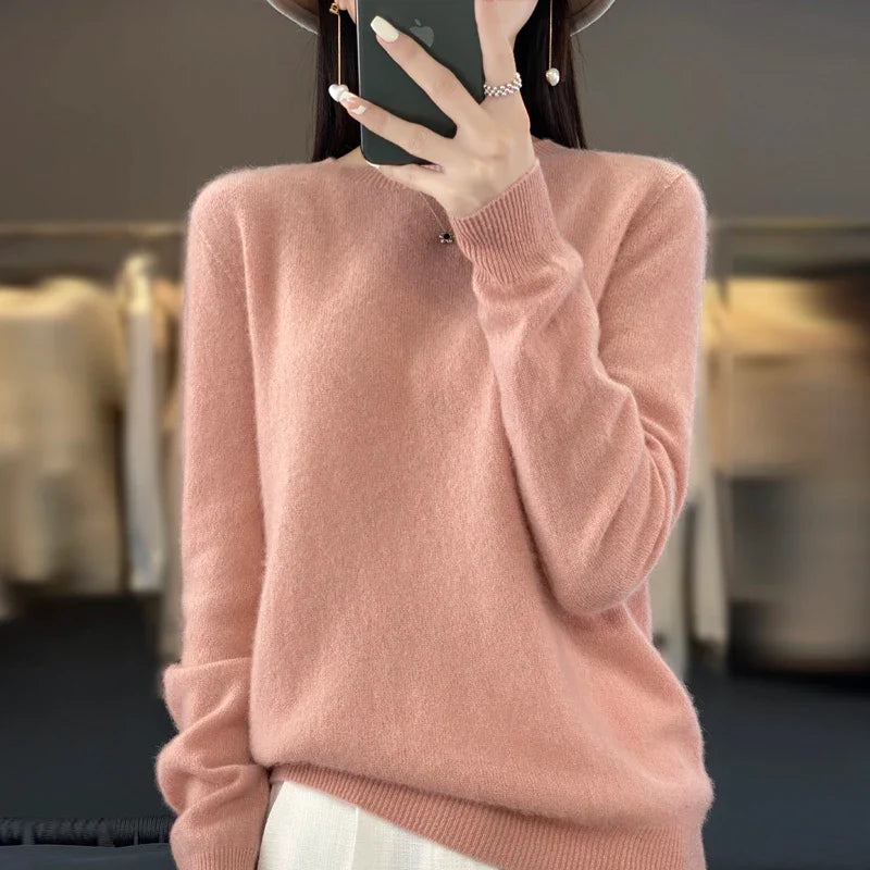 100% Merino Wool Women’s Sweater – Soft Cashmere-Feel O-Neck Pullover, Autumn/Winter Warm Knit Top (14 Colours)