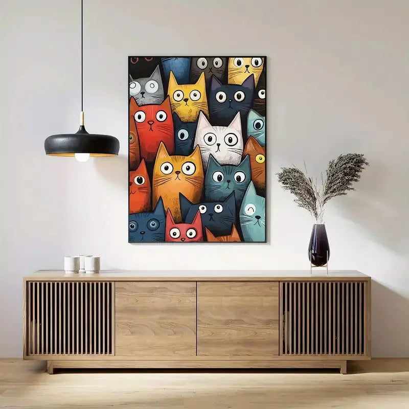 Nordic Cartoon Cat Canvas Art – Colorful Cat Wall Art for Bedroom, Living Room, or Office Decor