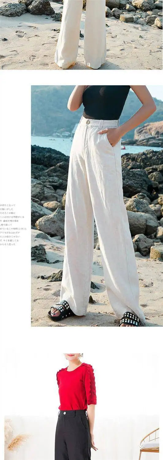 Women’s Cotton Linen Wide Leg Pants – High Waist Loose Fit Summer Trousers, Full Length Casual