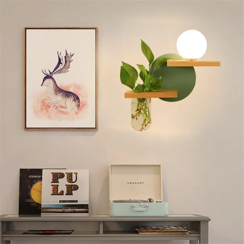 Modern Wooden LED Wall Lamp – Creative Plant & Decor Shelf Light (17 Styles)