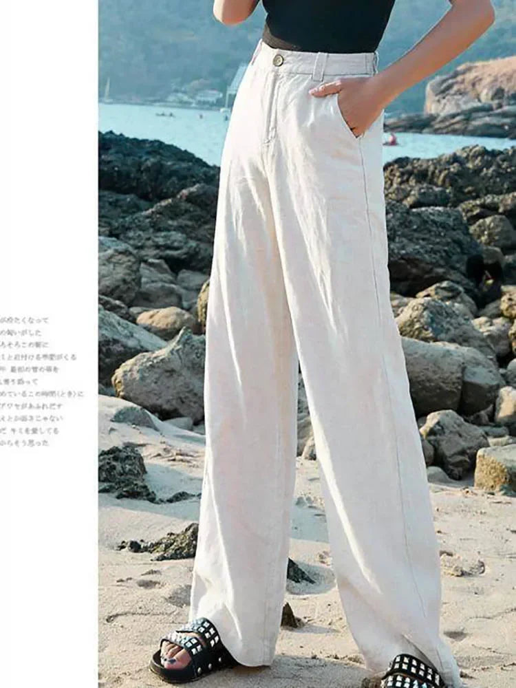Women’s Cotton Linen Wide Leg Pants – High Waist Loose Fit Summer Trousers, Full Length Casual