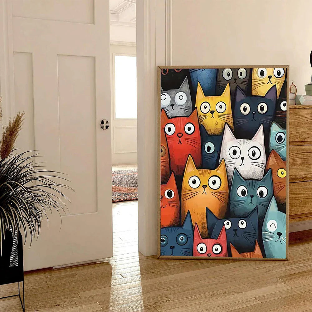Nordic Cartoon Cat Canvas Art – Colorful Cat Wall Art for Bedroom, Living Room, or Office Decor