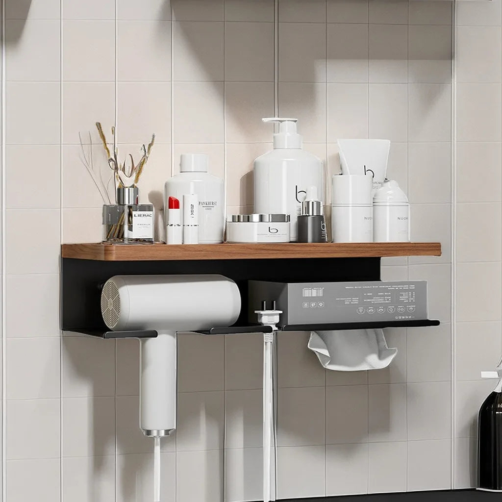 Modern Wooden Bathroom Wall Storage Rack – Shelves, Towel Bar & Hooks Set