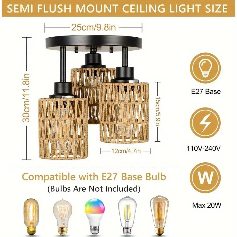 Boho Woven Rattan Ceiling Light – Hemp Shade Rustic Flush Mount Lamp
