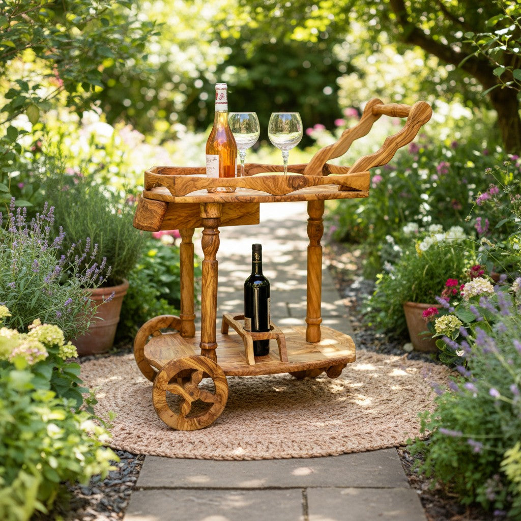 Olive Wood Display Cart, Wooden wine cart, Beautiful bar cart, artisanal cart, handmade, home decor, gift